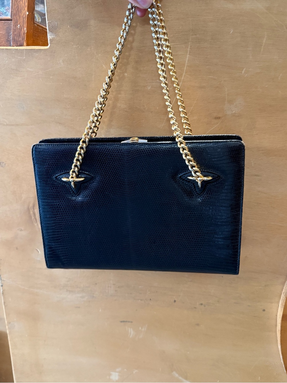 50’s-60’s Gucci lizard Black Shoulder Bag with Gold Chain Straps